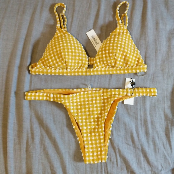 Vitamin A Moss Top Carmen Bottom Check Bikini Set Vichy Marigold Swimsuit - Picture 1 of 5